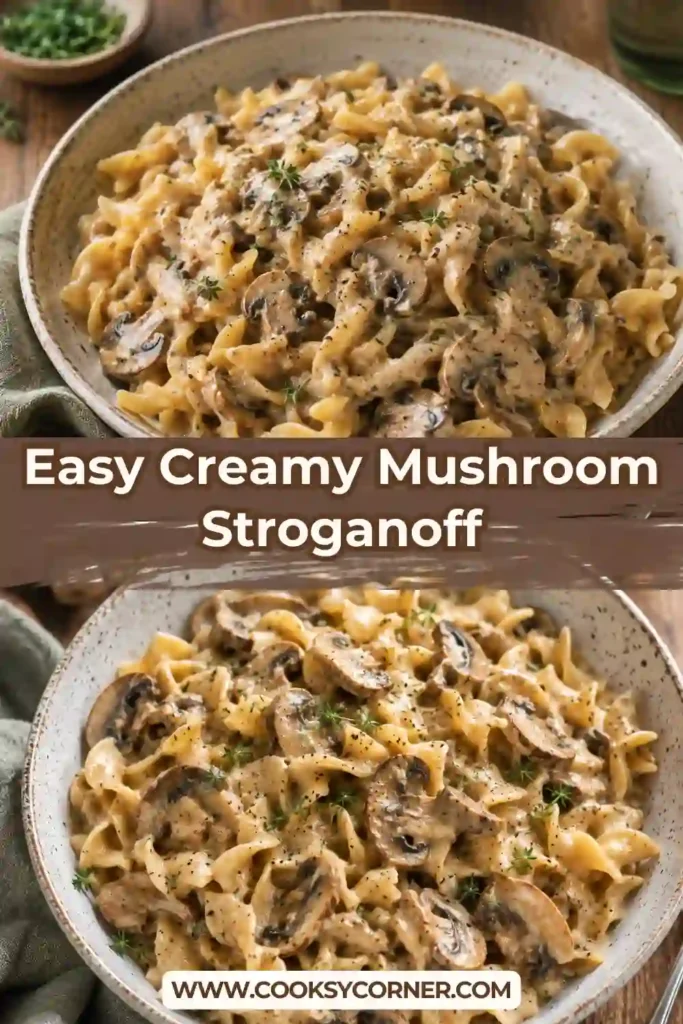 Homemade vegetarian mushroom stroganoff with egg noodles and creamy sauce served warm for dinner. Earthy mushrooms create a comforting and flavorful pasta meal.