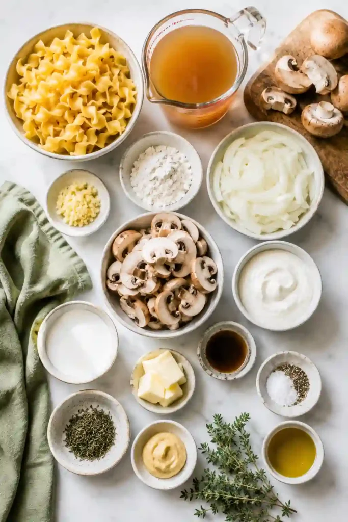 A bowl of Creamy Mushroom Stroganoff made with mixed mushrooms, tender egg noodles, and a rich sour cream sauce. Fresh parsley and thyme complete this comforting vegetarian mushroom pasta.