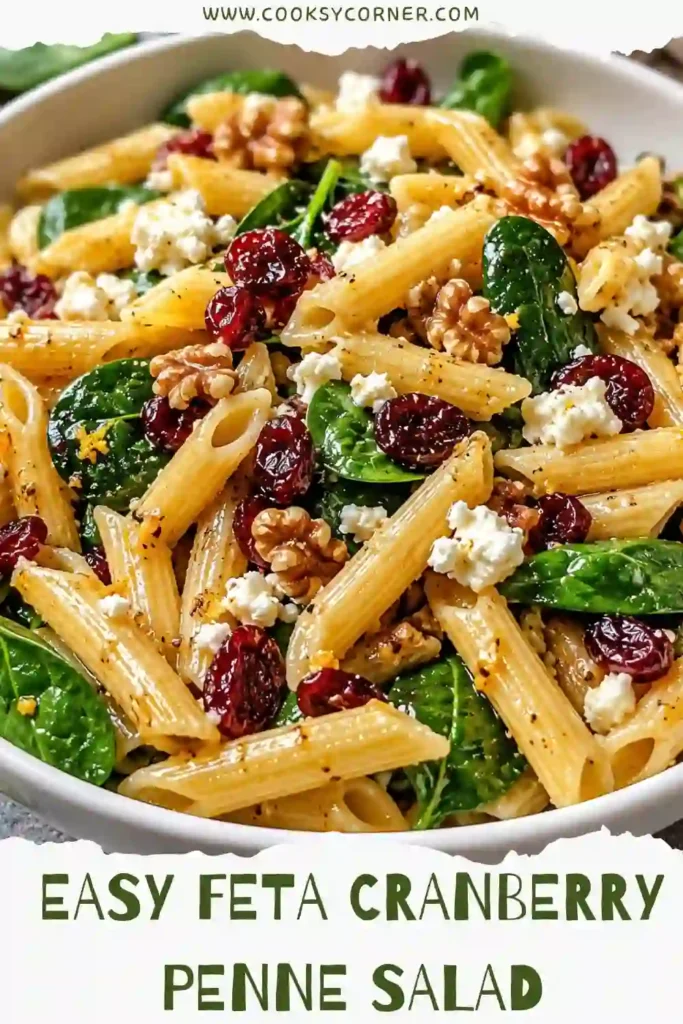 Close-up of Feta Cranberry Penne Salad featuring penne pasta, baby spinach, feta cheese, dried cranberries, toasted walnuts, and citrus dressing. Ideal for lunch or summer gatherings.