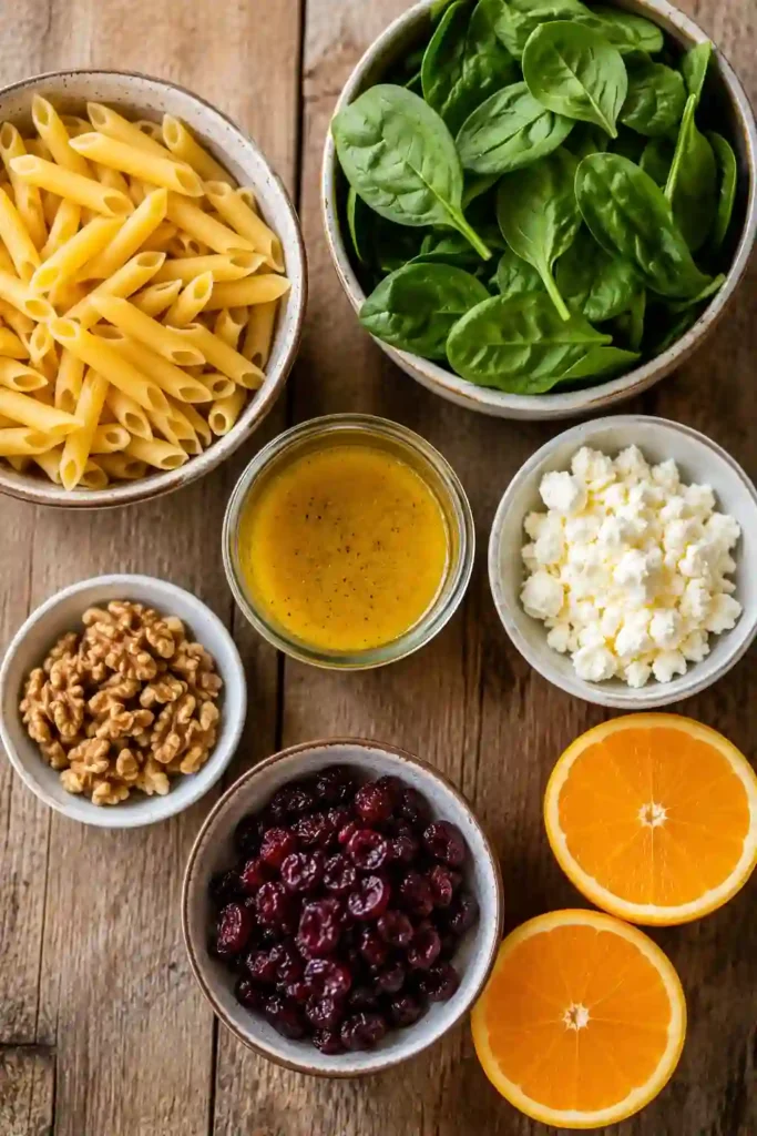 Homemade Feta Cranberry Penne Salad served in a large bowl with creamy feta, crunchy walnuts, fresh spinach, and bright orange vinaigrette for a refreshing meal.