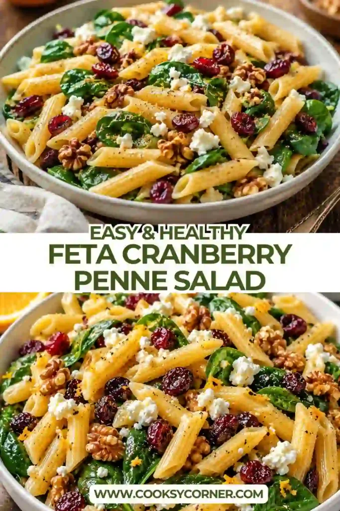 Fresh Feta Cranberry Penne Salad tossed with spinach, walnuts, feta, and sweet cranberries in a homemade orange vinaigrette. A vibrant vegetarian pasta salad served chilled.