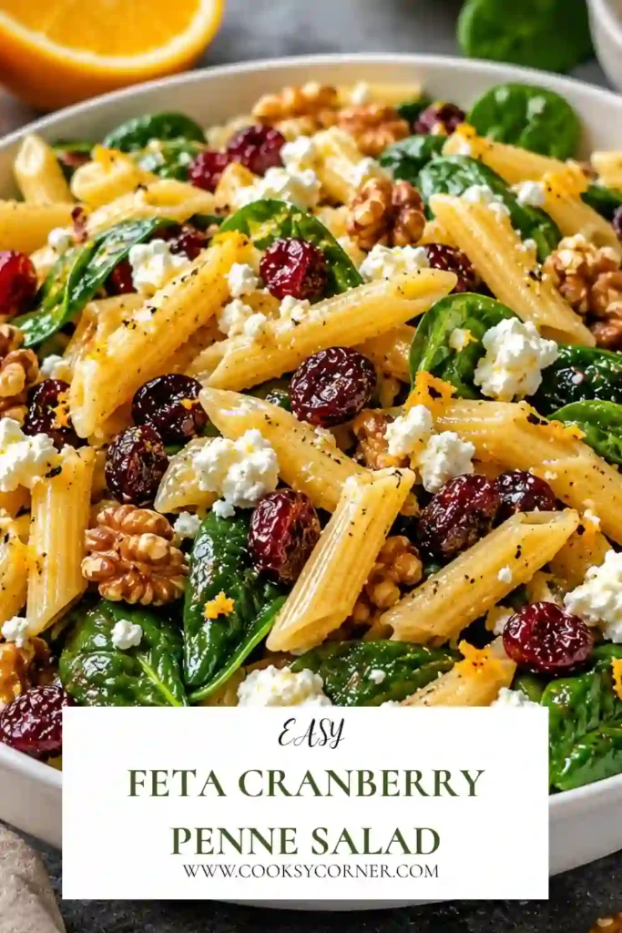 A bowl of Feta Cranberry Penne Salad filled with tender penne pasta, creamy feta cheese, dried cranberries, toasted walnuts, baby spinach, and fresh orange vinaigrette. This colorful pasta salad is fresh and perfect for any occasion.