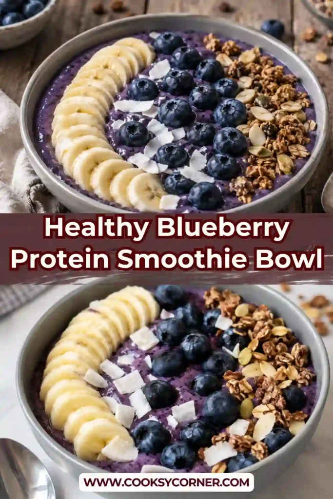 A thick Blueberry Protein Smoothie Bowl made with yogurt, frozen blueberries, banana, and vanilla protein powder. Topped with fresh blueberries, granola, banana slices, and coconut chips.