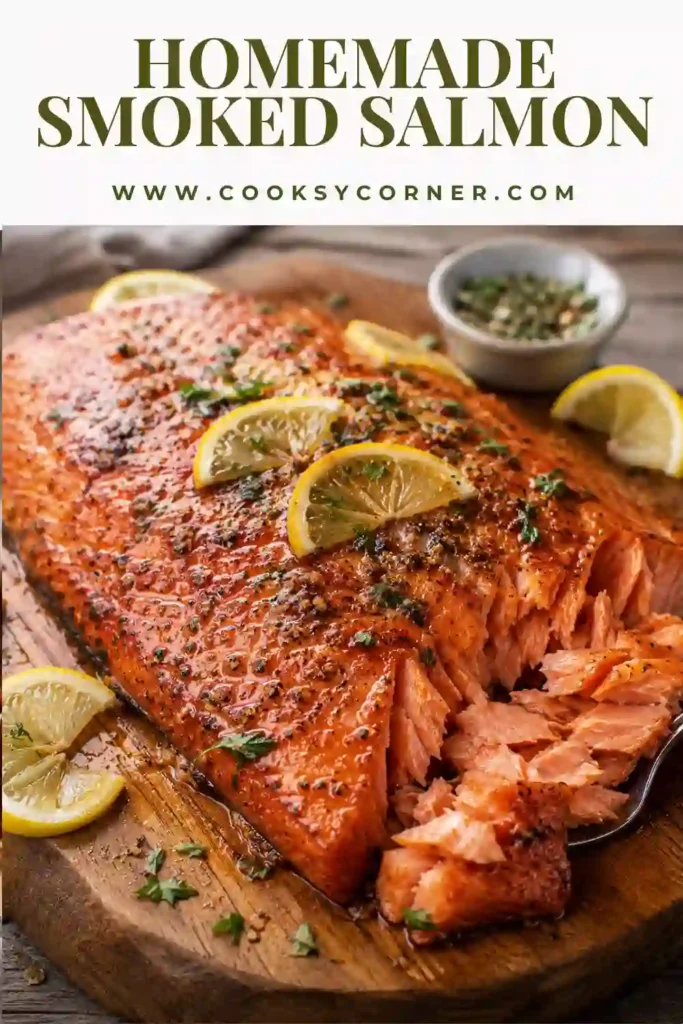 Smoked salmon fillet prepared using a simple wet brine and slow smoking technique. The fish has a beautiful smoky crust and juicy interior.