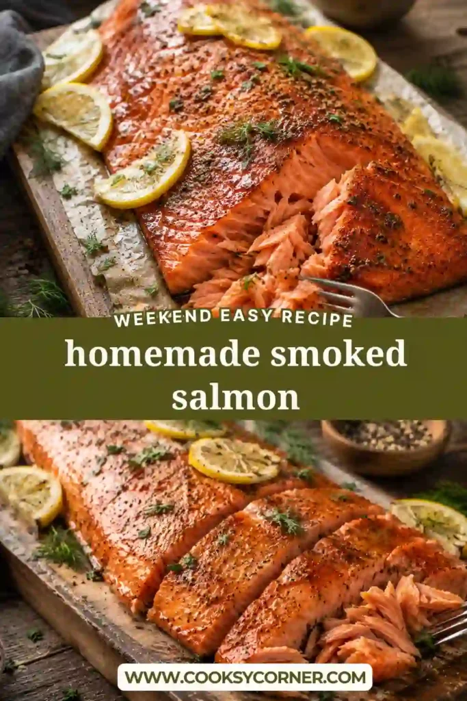 Homemade hot smoked salmon resting after smoking with cherry wood. Moist, flaky salmon is ready to serve with fresh lemon.