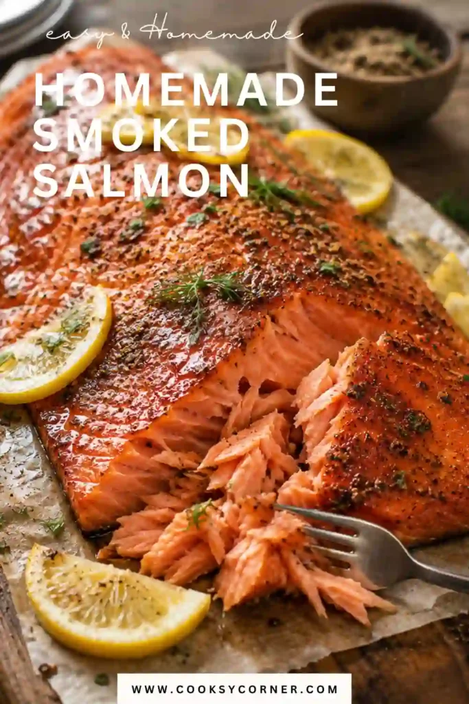 Freshly smoked salmon fillet seasoned with lemon pepper and served with lemon wedges. The salmon has a rich golden color and tender flaky texture.