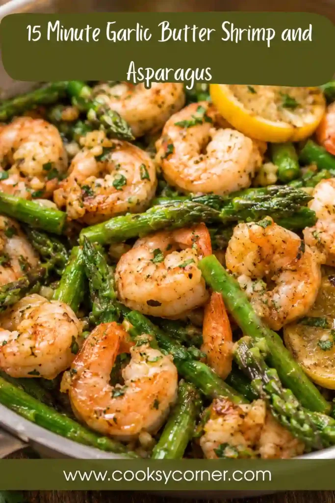 One pan shrimp and asparagus cooked with butter, minced garlic, fresh lemon, and sliced shallots. This easy 15-minute shrimp recipe is garnished with chopped parsley.