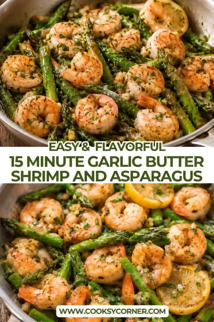 Garlic butter shrimp and asparagus served in a skillet with lemon slices, shallots, garlic, and fresh parsley. The shrimp are tender and coated in a rich buttery sauce.