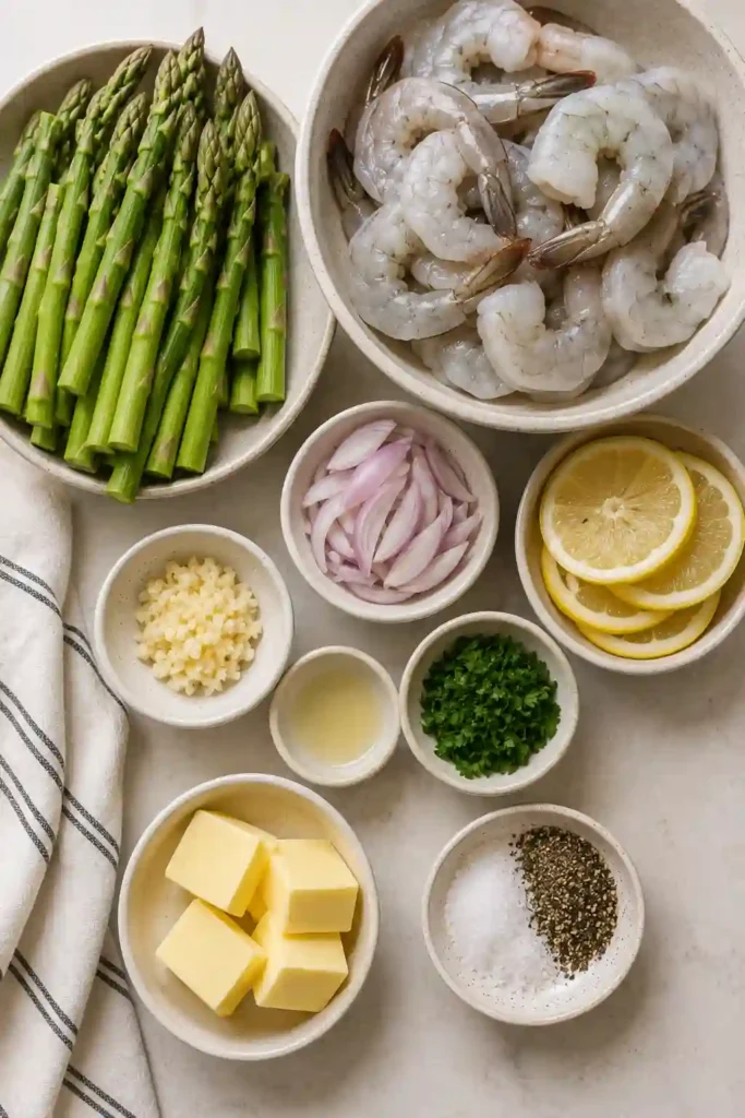 Quick garlic lemon shrimp with asparagus coated in melted butter and garnished with fresh parsley. The easy skillet dinner features juicy shrimp and bright green asparagus.
