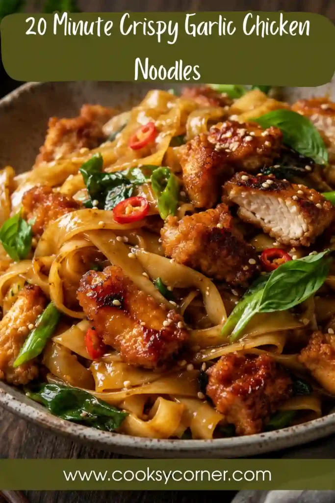 Homemade chicken rice noodles with crispy chicken pieces, red bell peppers, green onions, and fresh Thai basil. A glossy garlic and sweet chili sauce coats the wide noodles.