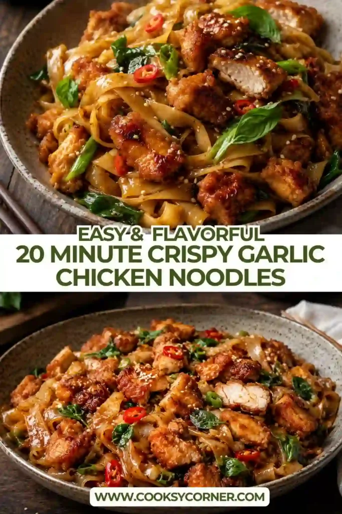 Crispy garlic chicken noodles served with tender rice noodles, sliced peppers, scallions, basil, and sesame seeds. The golden chicken is coated in a flavorful sweet chili soy sauce.