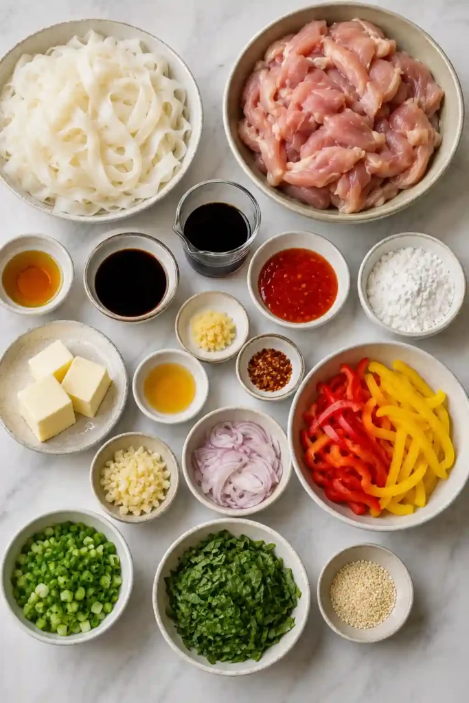 Bowl of 20 Minute Crispy Garlic Chicken Noodles topped with fresh basil and sesame seeds. Golden chicken, rice noodles, and crisp vegetables create a colorful weeknight dinner.