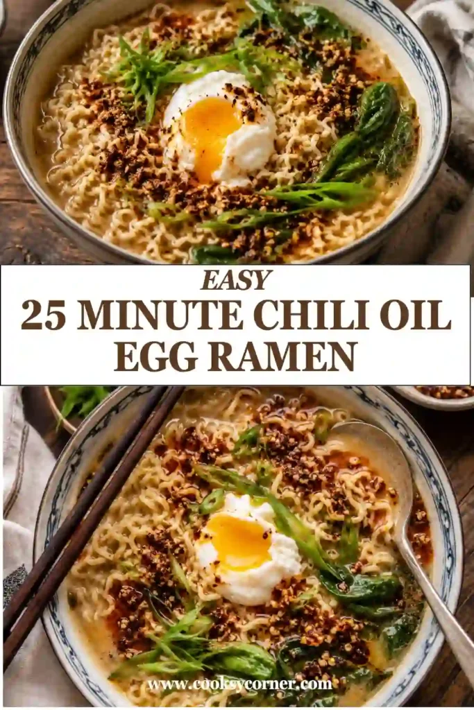 A serving of Chili Oil Egg Ramen garnished with chopped green onions and extra chili oil.