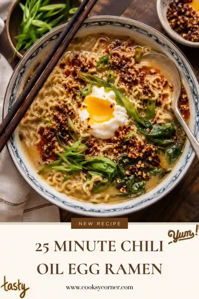 Close-up of spicy Chili Oil Egg Ramen with soft poached eggs, green onions, and chili oil drizzle.