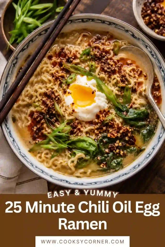 A bowl of 25 Minute Chili Oil Egg Ramen topped with a poached egg, baby bok choy, green onions, and chili oil in a creamy miso broth.