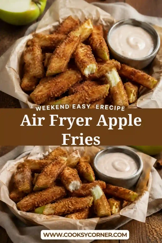 Air Fryer Apple Fries coated with cinnamon sugar and served warm with creamy vanilla icing. The golden apple strips have a lightly crisp coating and tender fruit center.