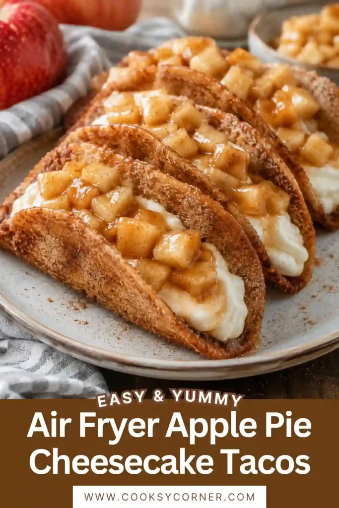 Homemade Air Fryer Apple Pie Cheesecake Tacos with golden dessert taco shells, creamy filling, and apple pie topping. Cinnamon sugar and caramel complement the warm apple flavors.