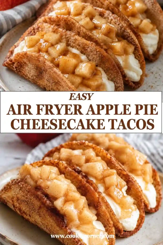 Crispy apple cheesecake tacos filled with smooth cheesecake and tender cinnamon-spiced apples. Caramel sauce adds a sweet finishing touch to this easy air fryer dessert.