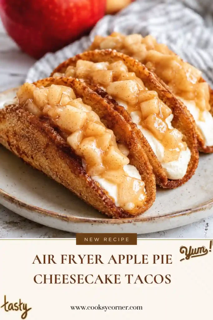 Air Fryer Apple Pie Cheesecake Tacos filled with creamy cheesecake and spiced apple pie filling. The crispy cinnamon-graham taco shells are finished with a caramel drizzle.