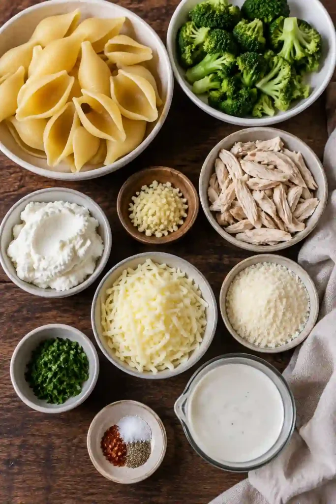 Chicken and broccoli stuffed shells served with rich Alfredo sauce and melted cheese. This easy air fryer dinner features creamy, cheesy jumbo pasta shells.