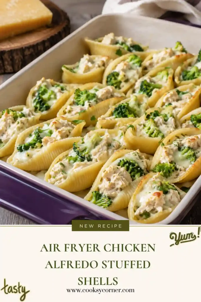 Air Fryer Chicken Alfredo Stuffed Shells topped with creamy Alfredo sauce and melted mozzarella cheese. The jumbo pasta shells are filled with shredded chicken, ricotta, and broccoli.