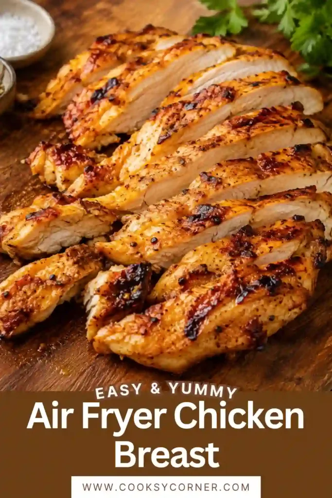 Healthy Air Fryer Chicken Breast served with roasted vegetables for a balanced family dinner. The chicken has a flavorful golden crust and moist interior.
