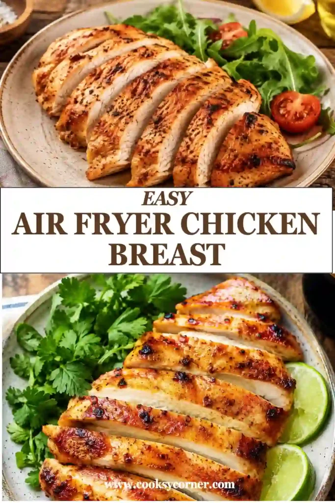 Freshly cooked Air Fryer Chicken Breast resting after cooking to lock in moisture. The boneless skinless chicken breast is coated in a simple homemade seasoning blend.