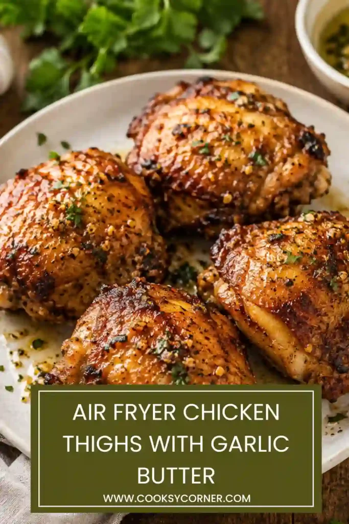 Garlic butter chicken thighs cooked in the air fryer until juicy inside with browned crispy skin. Parmesan and fresh herbs provide a savory finish.