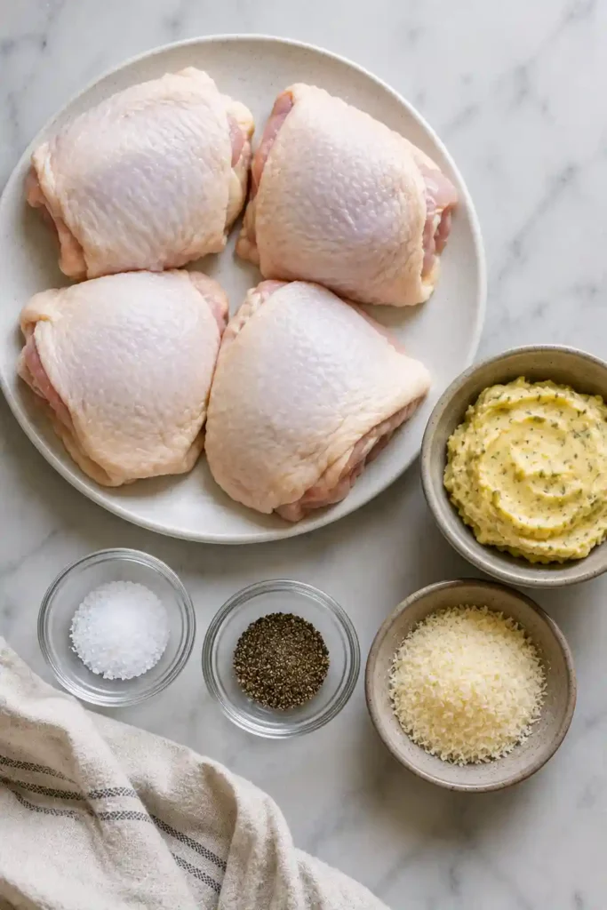 Crispy garlic Parmesan chicken thighs served warm with golden skin and fresh parsley. The bone-in chicken is cooked in the air fryer with garlic butter.