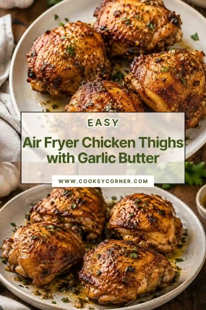 Crispy bone-in Air Fryer Chicken Thighs seasoned with Parmesan, black pepper, sea salt, and rich garlic butter. The skin is deeply golden and crisp.