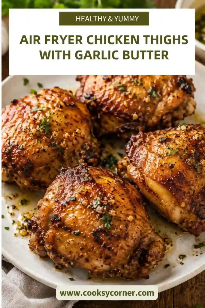 Air Fryer Chicken Thighs with crispy golden skin coated in garlic butter and Parmesan. Fresh herbs add color to the juicy chicken thighs.
