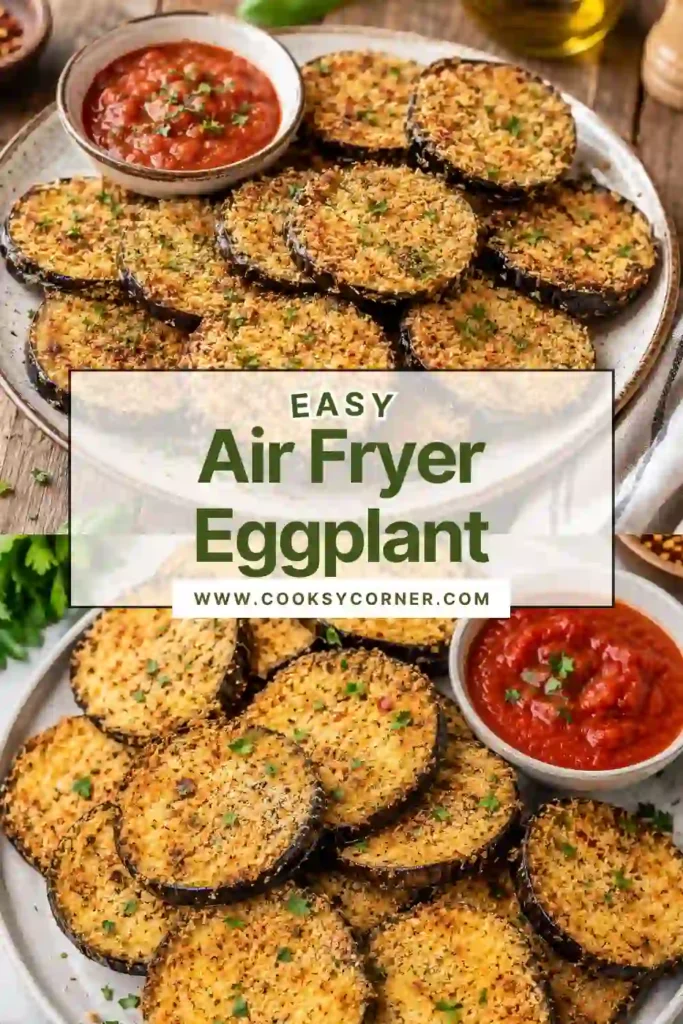 Freshly cooked Air Fryer Eggplant topped with grated Parmesan and chopped parsley. The crispy eggplant rounds have a golden breadcrumb crust and tender interior.