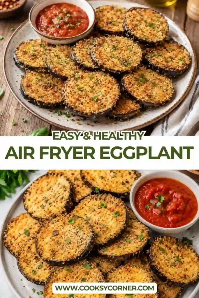 Crispy Air Fryer Eggplant rounds with a golden panko and Parmesan coating served on a plate. The breaded eggplant is crunchy on the outside and tender in the center.