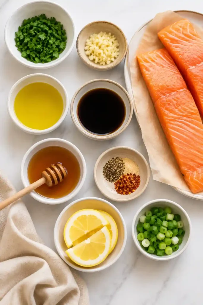 Air Fryer Salmon Bites served with creamy bang bang sauce and fresh garnishes. The crispy salmon bites have caramelized edges and tender, flaky centers.