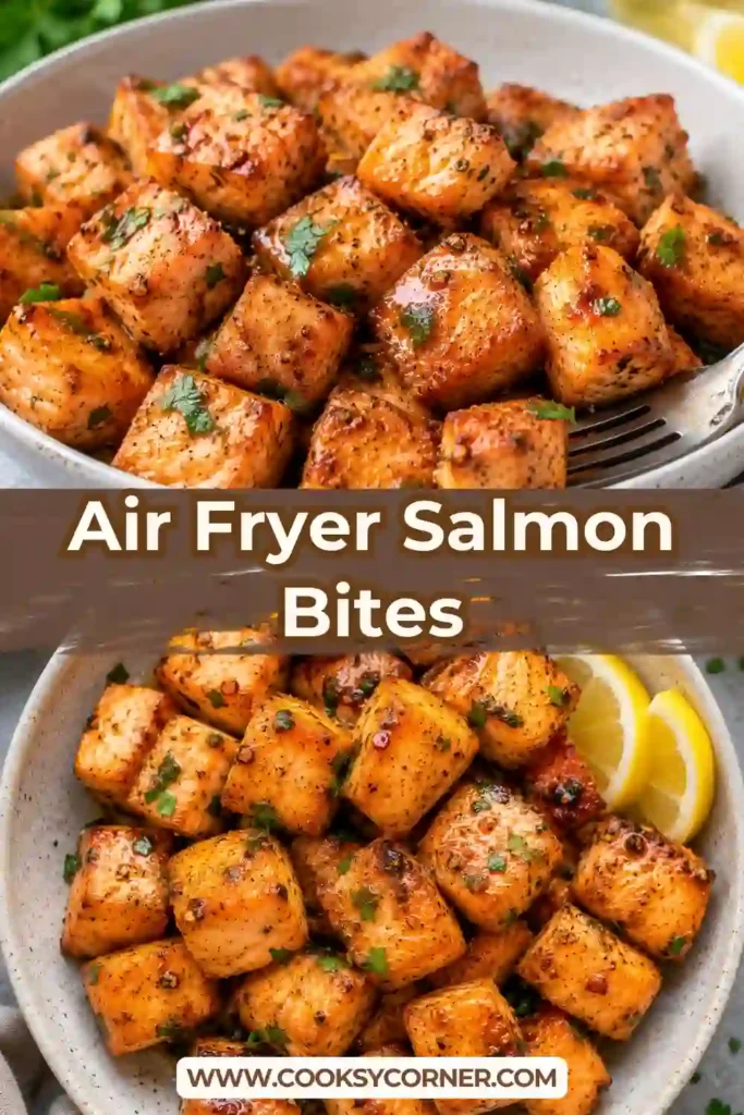 Crispy honey garlic salmon bites fresh from the air fryer with creamy homemade bang bang sauce. The bite-sized salmon pieces are golden, juicy, and lightly smoky.
