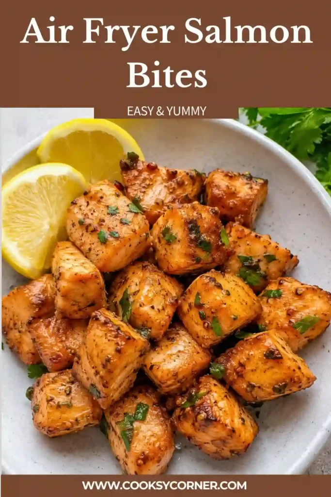 Air fryer salmon cubes served as an easy dinner with sweet and spicy bang bang sauce. The salmon bites are browned on the outside while remaining moist and flaky inside.