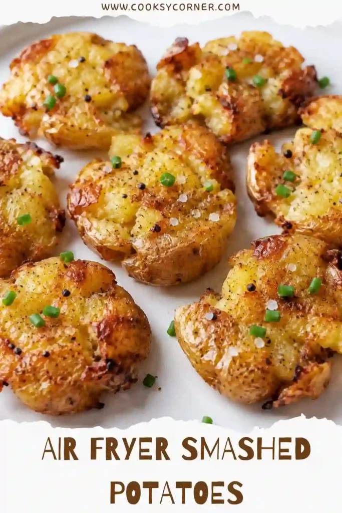 3. Smashed baby potatoes fresh from the air fryer with crunchy browned edges and fluffy interiors. These easy potatoes are finished with fresh parsley and black pepper.