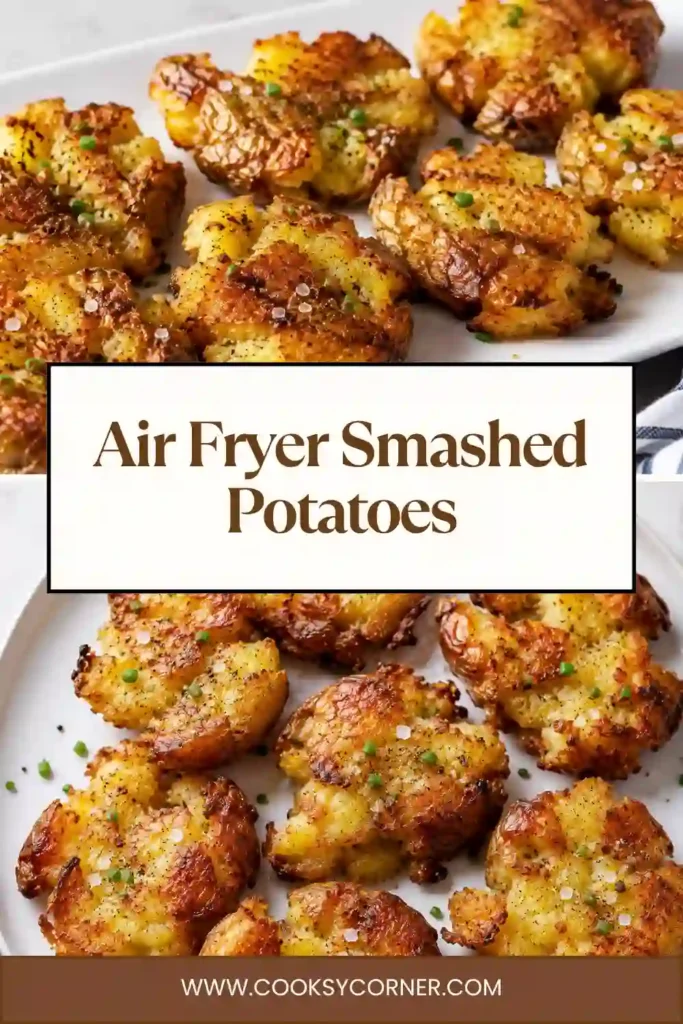 1. Air Fryer Smashed Potatoes with crisp golden edges and tender centers seasoned with garlic, butter, salt, and black pepper. Fresh parsley adds a colorful finishing touch.