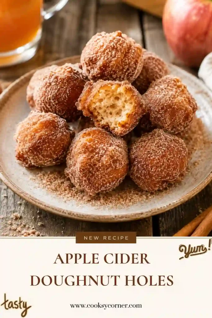 Fresh Apple Cider Doughnut Holes piled on a serving plate with a sparkling cinnamon sugar coating. The bite-sized homemade doughnuts are golden brown with a soft, fluffy interior.