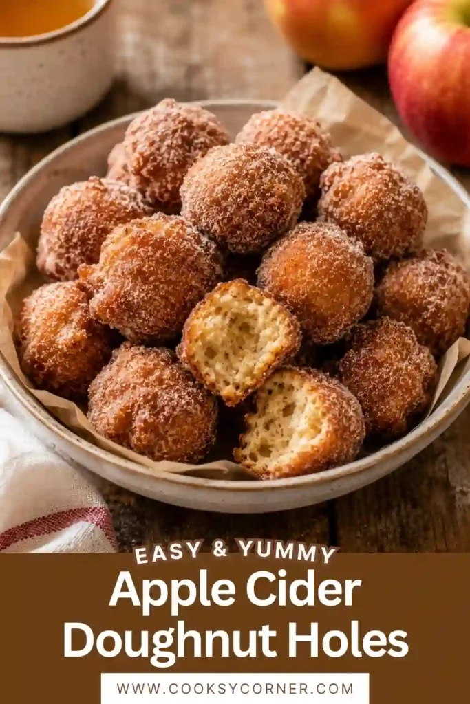 Homemade Apple Cider Doughnut Holes covered generously in cinnamon sugar and served warm. These golden fried donut holes have tender centers and cozy apple spice flavor.