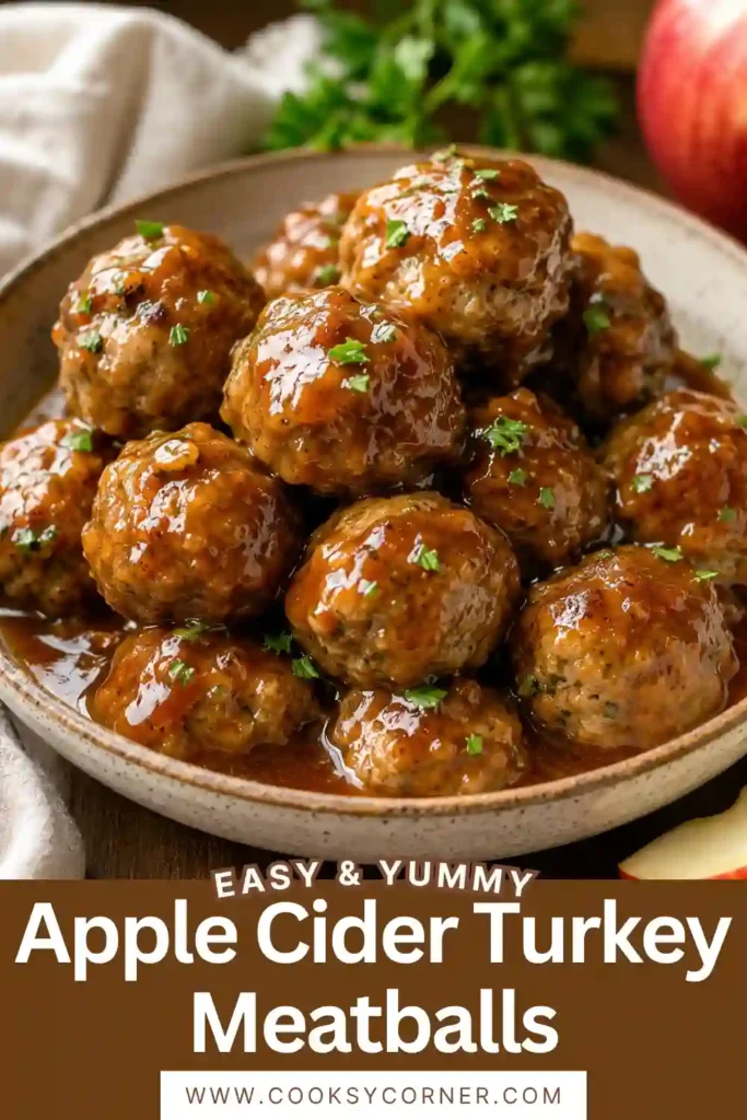 Homemade Apple Cider Turkey Meatballs arranged on a serving plate with fresh herbs. The tender baked turkey meatballs make a simple and comforting healthy fall recipe.