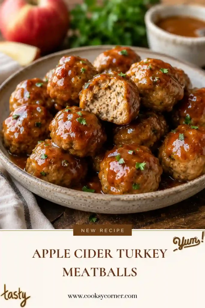 Freshly baked Apple Cider Turkey Meatballs served warm with parsley. These healthy turkey meatballs combine apple cider, Parmesan, and warm fall spices for a cozy seasonal dinner.