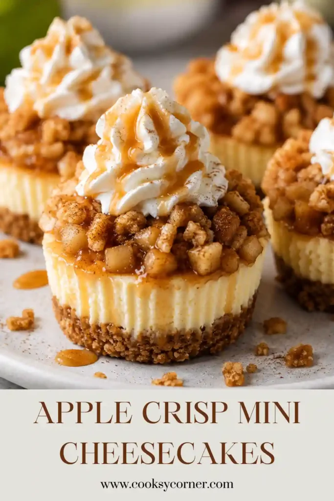 Mini apple cheesecakes with a graham cracker crust, creamy cheesecake center, tender cinnamon apples, and golden oat crumble. Caramel sauce adds a rich finishing touch.