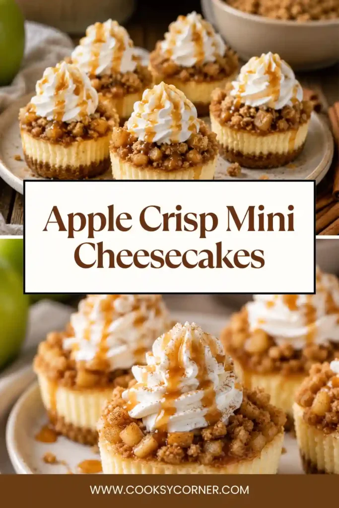 Apple Crisp Mini Cheesecakes topped with cinnamon-spiced apples, buttery oat streusel, and caramel sauce. These individual cheesecakes combine creamy filling with classic fall apple crisp flavors.