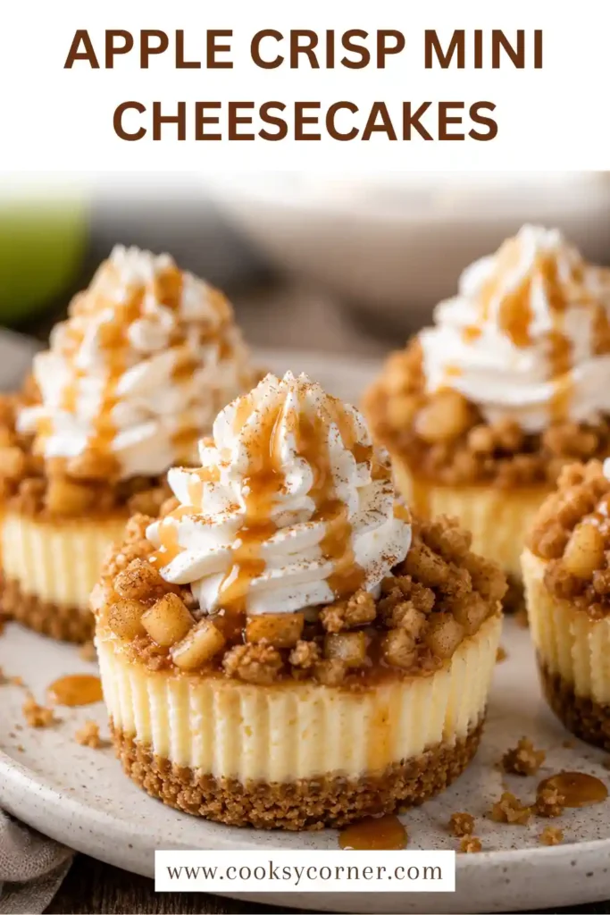 Homemade apple crisp cheesecake bites topped with crunchy cinnamon streusel and caramel drizzle. The individual desserts feature layers of graham cracker crust, cheesecake, and spiced apples.