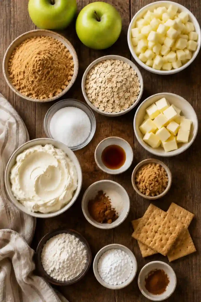 Caramel apple cheesecake served in individual portions with tender apples and buttery oat streusel. These mini cheesecakes are a creamy fall dessert with warm cinnamon and nutmeg flavors.