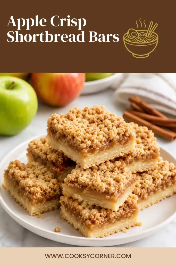 Stacked apple shortbread bars with layers of golden shortbread, cinnamon apples, and brown sugar crumble. These homemade apple dessert bars have a soft fruit center and crumbly topping.