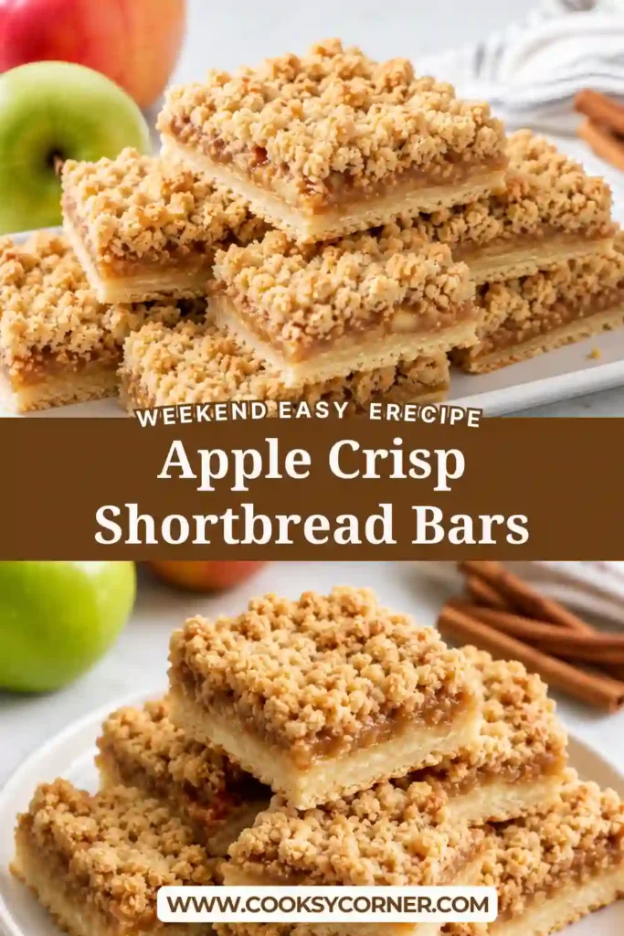 Freshly sliced cinnamon apple bars featuring a buttery shortbread base and soft spiced apple center. The apple crisp bars are finished with a crumbly brown sugar topping.