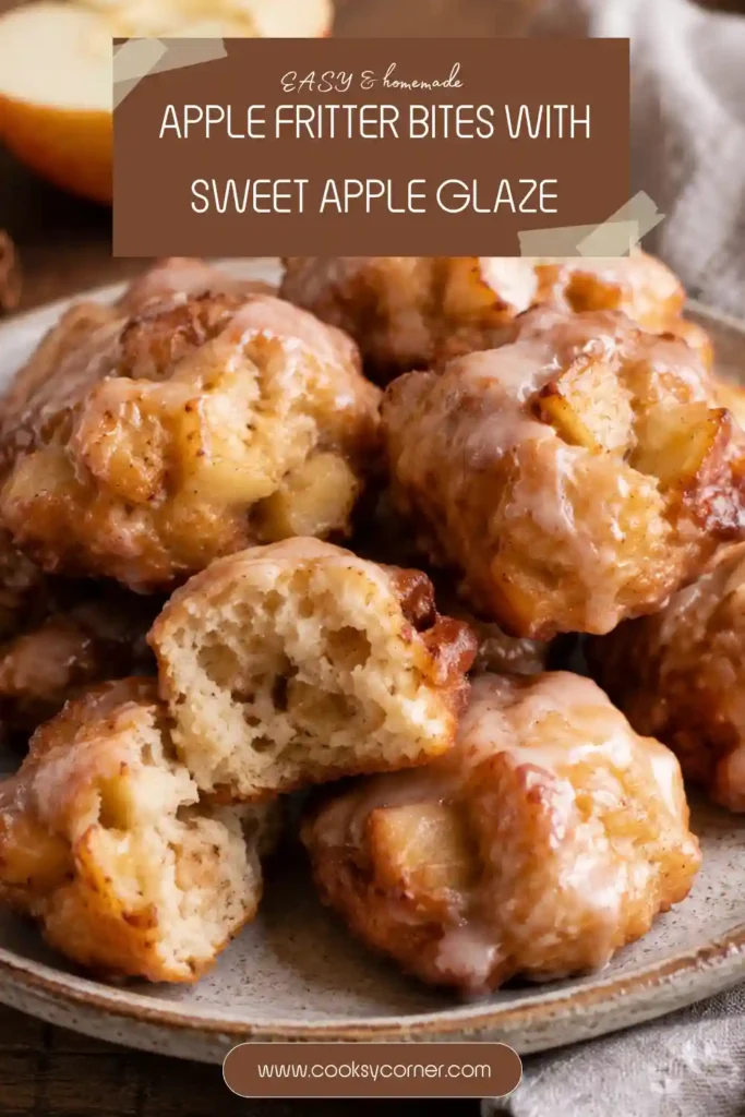 Homemade Apple Fritter Bites arranged on a serving plate with a sweet glazed finish. Fresh apple pieces are visible inside the soft cinnamon-spiced fritters.