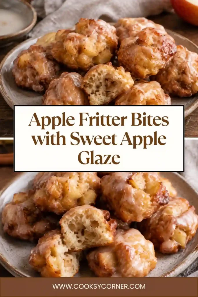 Baked apple fritters filled with fresh Honeycrisp apple pieces and warm cinnamon. Each bite is finished with a glossy apple glaze that drips lightly down the sides.